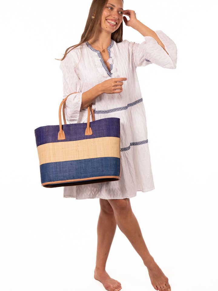 Santorini Color Block Straw Tote Handbag for wholesale by Shebobo