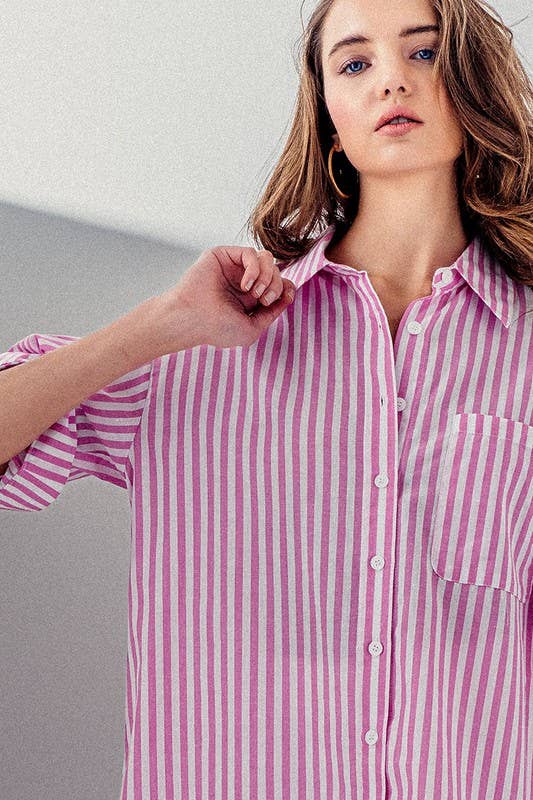 Pink BUTTON DOWN HIGH LOW STRIPE SHIRT for wholesale on Faire