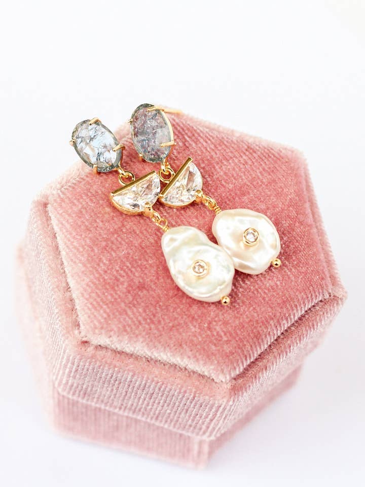 Blue Cracked Glass Pearl Crystal Earrings for wholesale by Rachelyn Jewelry