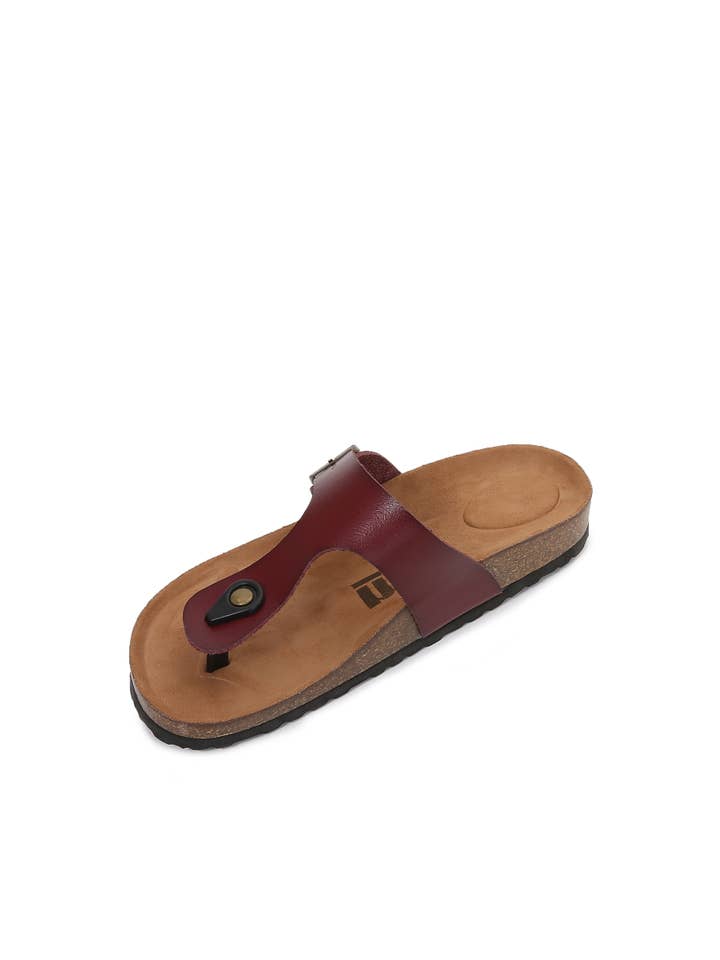 Red Women Soft Cork PU Leather T Strap Flip Flops Slippers for wholesale on Faire7