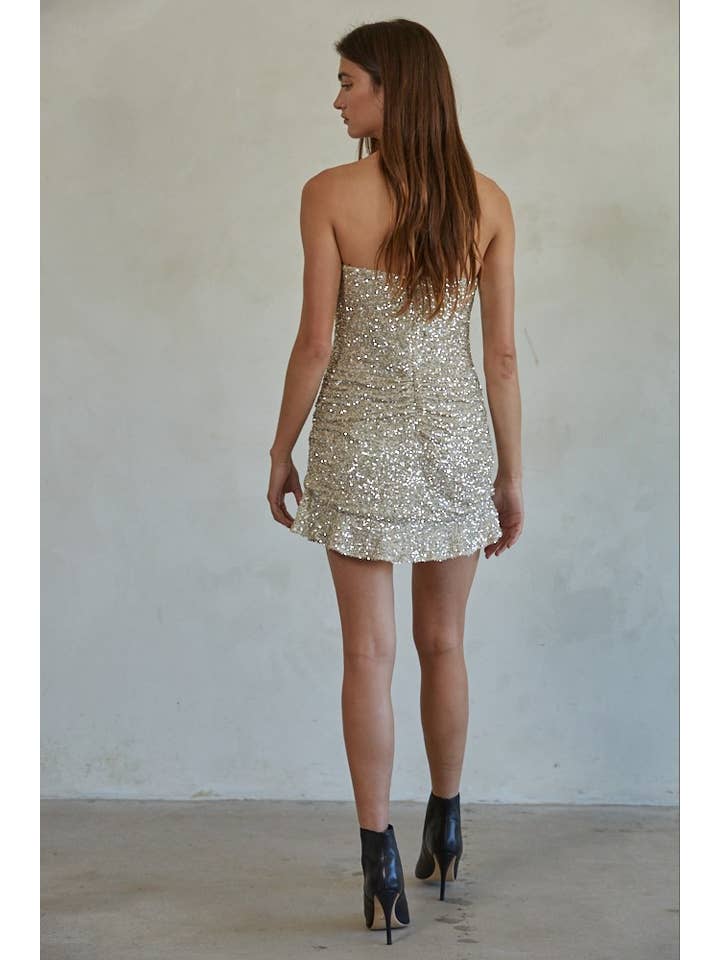 Gold Silver L7726 | Woven Polyester Sequin Tube Mini Dress for wholesale on Faire2