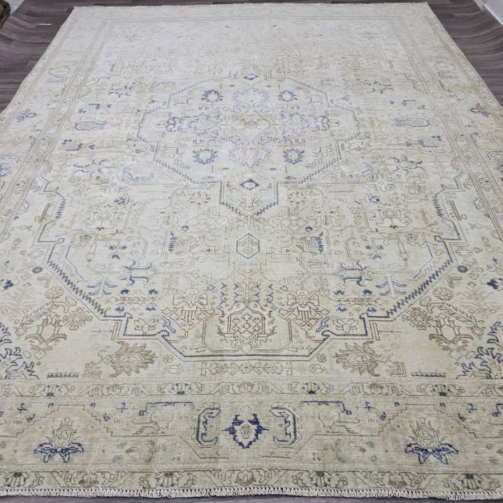 Antiker türkischer Teppich 10x12 Blau Creme Medaillon Vintage Wollteppich Schlafzimmer für den Großhandel von MesopotamiaRugs