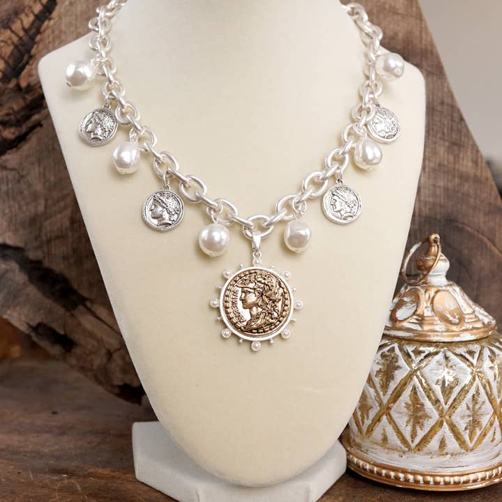 PennyLine inc - Wholesale Pendant/Charm Necklace - Boho Coin and Pearl Charms Statement Necklace – Gold and Silver Tone