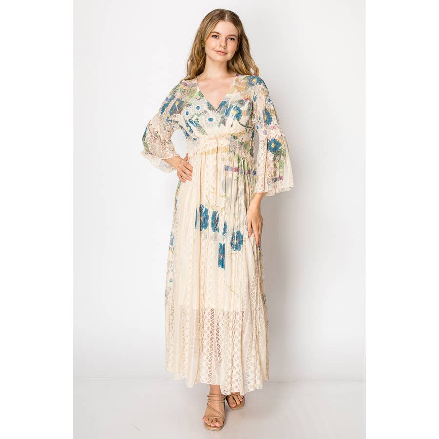 Romantic Lace Bell-Sleeved A-Line Midi Dress - 4658 BG JADE FL for wholesale on Faire