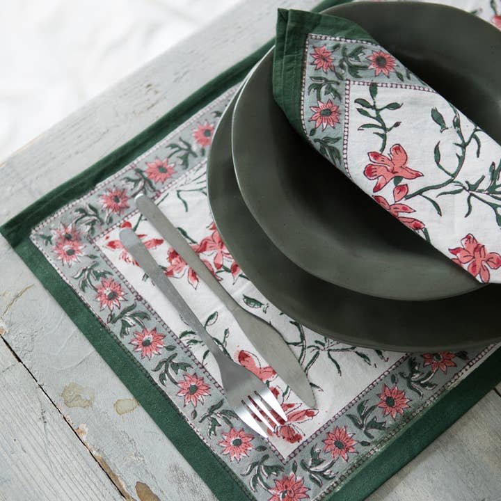 Kapda Casa - Wholesale Tablecloth - Flor Coral Manteles Individuales | 6 Servilletas | Juego de Comedor |50x30cm