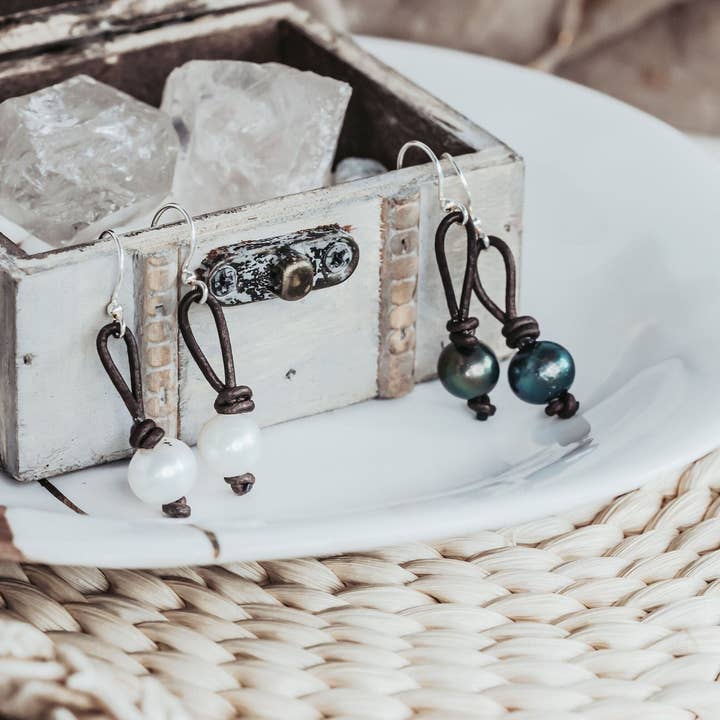 Pearl Earrings, Leather and White or BlackPearl Casual earrings for wholesale by The Rustic Boho Chic