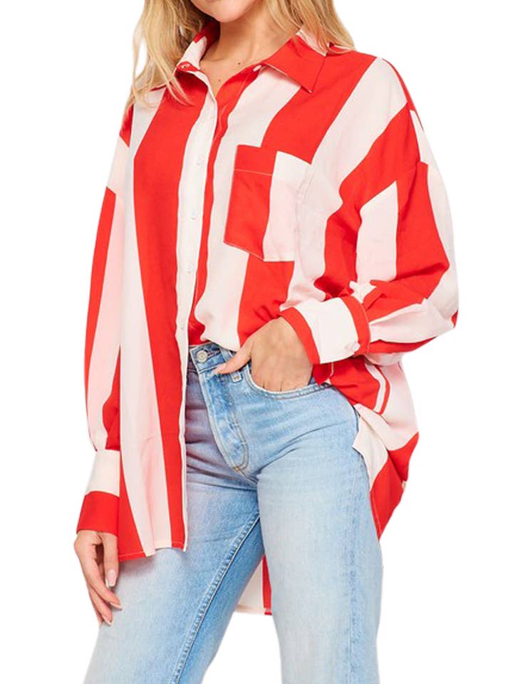 Top abbottonato a maniche lunghe con stampa a righe in tessuto per la vendita all'ingrosso da parte di Vanilla Monkey