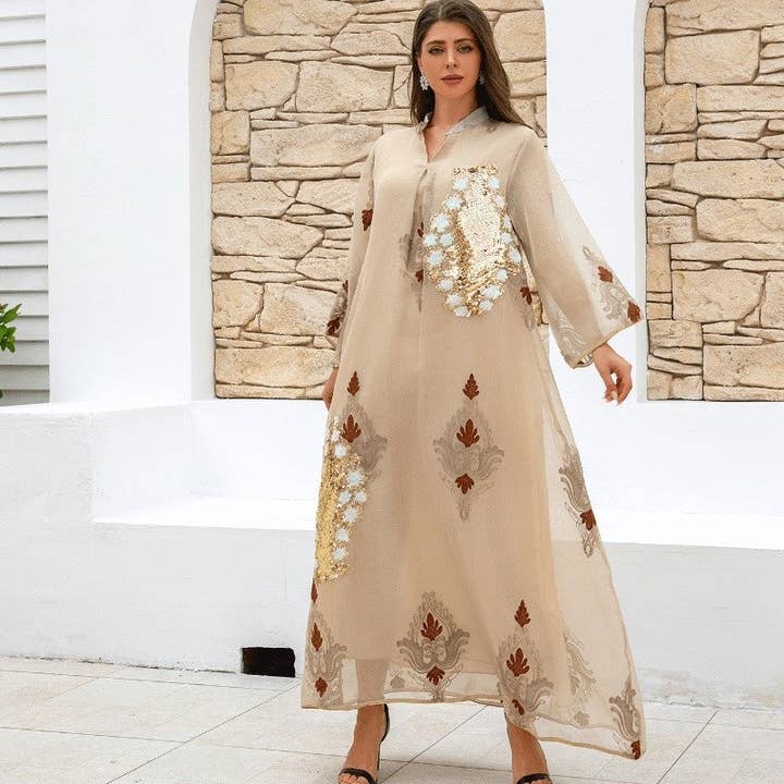 Muslim Embroidered Beaded Patchwork Abaya for wholesale by Plush Looks