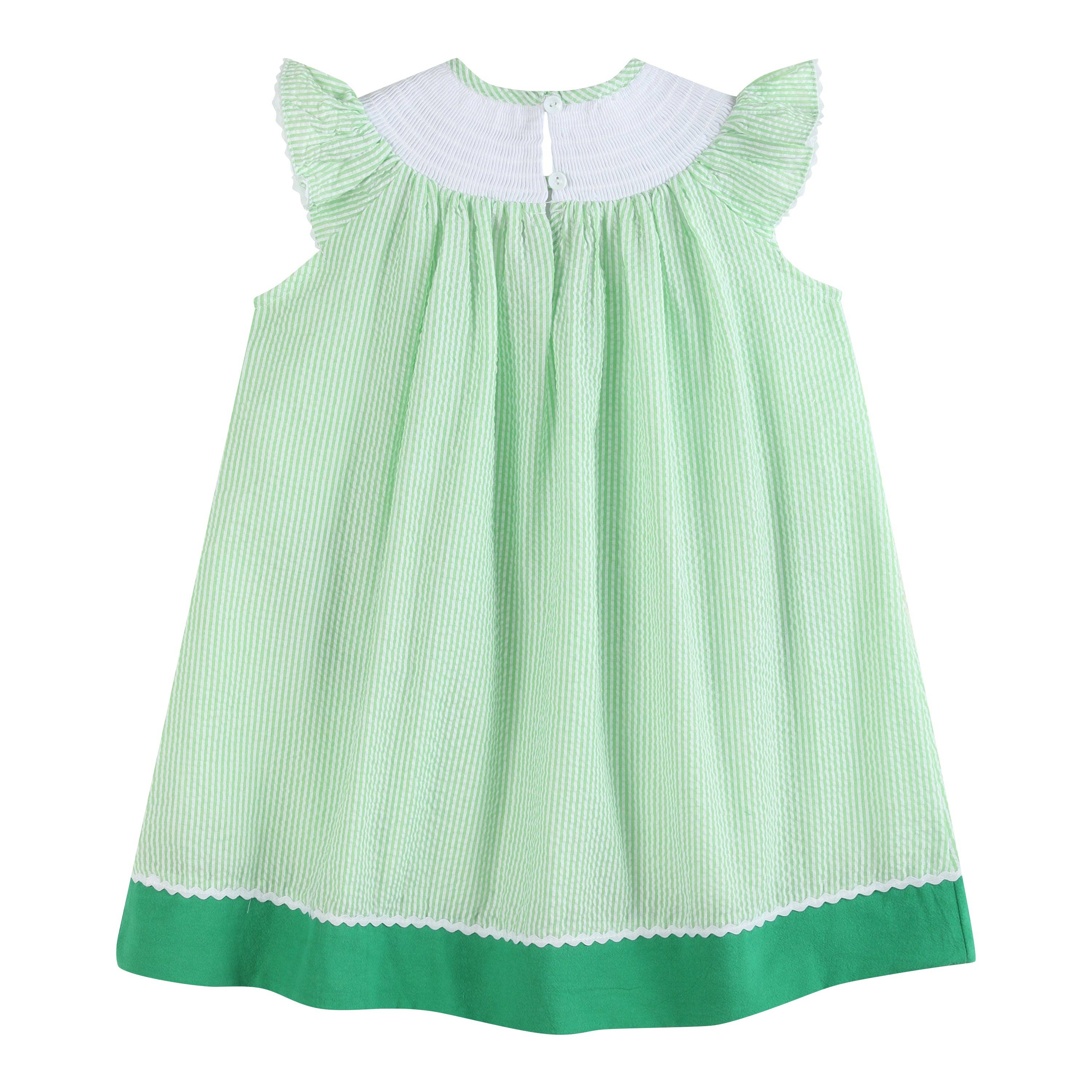 Lil Cactus - Wholesale Dress - Kids - Green Seersucker Watermelon Smocked Bishop Dress1