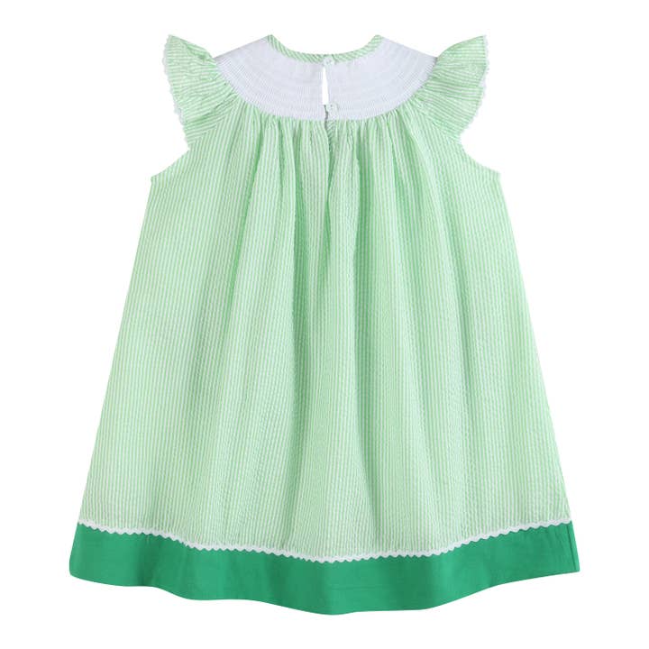 Lil Cactus - Wholesale Dress - Kids - Green Seersucker Watermelon Smocked Bishop Dress1