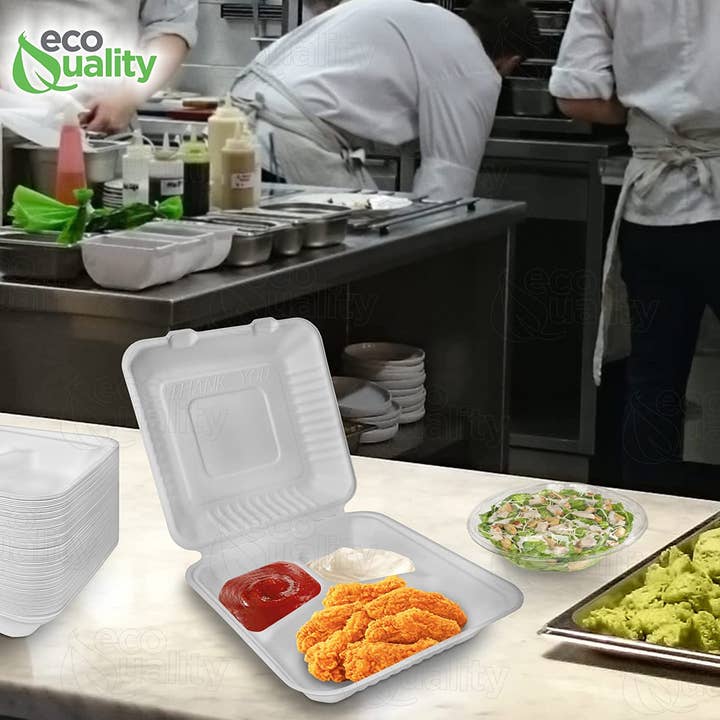 EcoQuality - Wholesale Food storage container - Compostable 3-Compartment Rectangular Hinged Clamshell 9x9x36