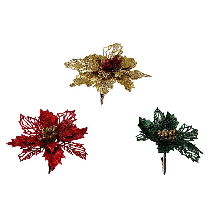 PDQ Glitter Poinsettia Pick With Clip (C) for wholesale by Country Silk