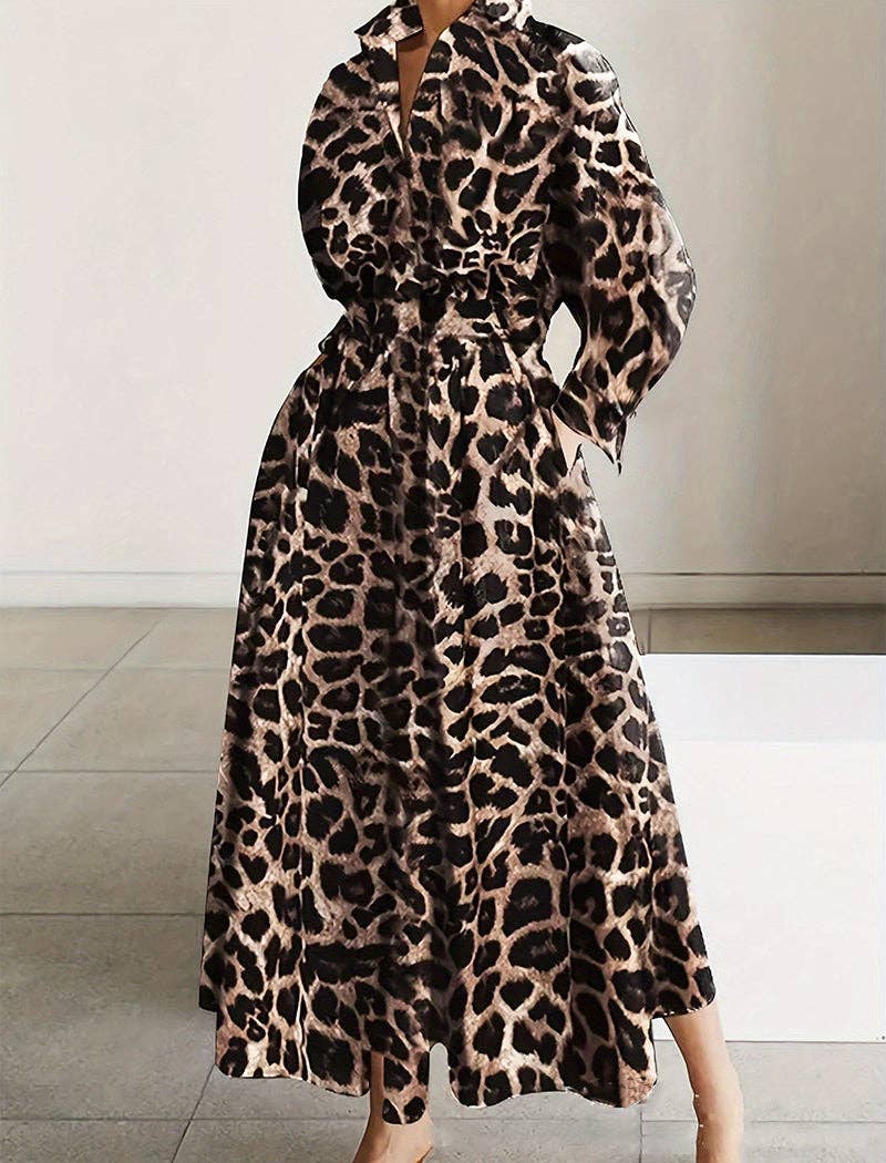 Leopard Print Maxi Dress with Belt for wholesale on Faire5