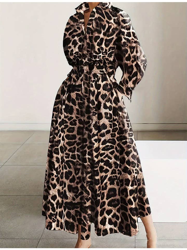 Leopard Print Maxi Dress with Belt for wholesale on Faire5