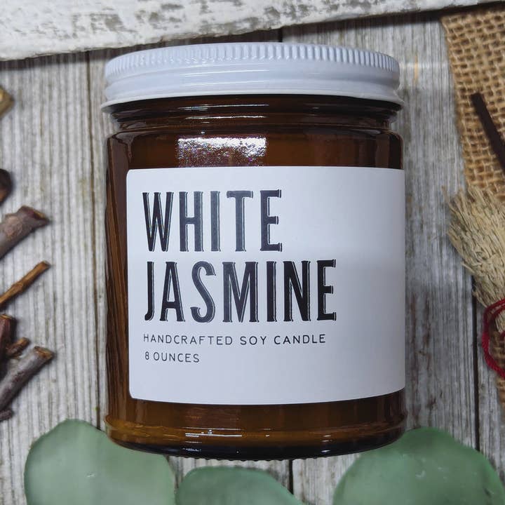 Candela di soia vegana al gelsomino bianco per la vendita all'ingrosso da parte di Earth & Anchor Soap Co.
