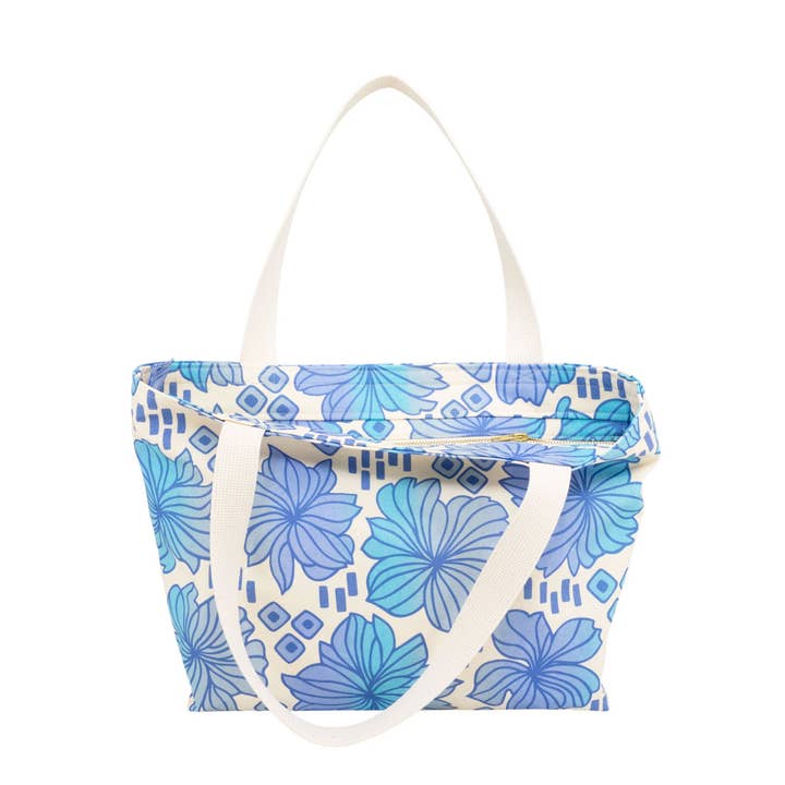 Beach Bag Tote Deluxe • Retro Blooms • Blue over Ocean and Steel Ombre for wholesale by Jana Lam