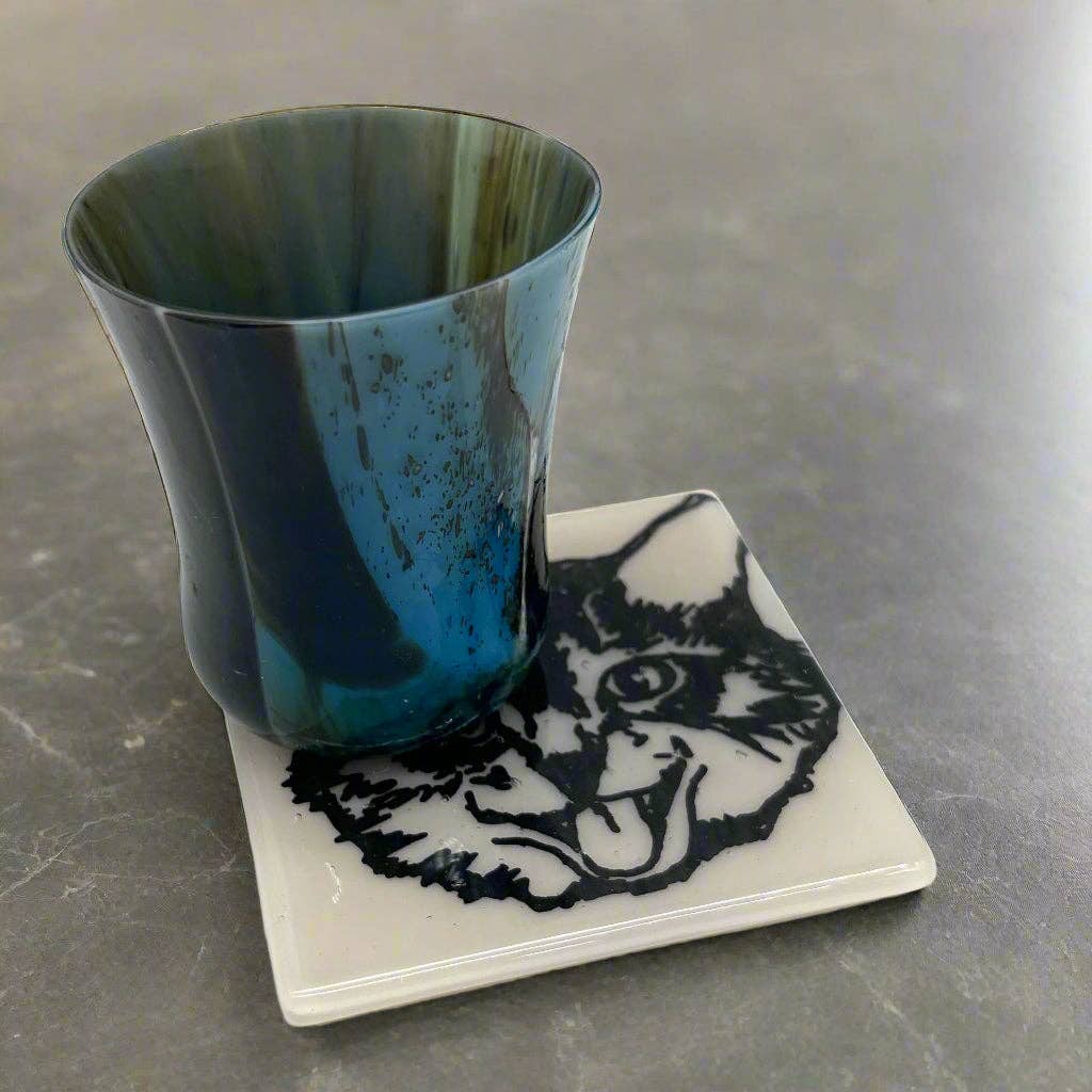 Kiku Handmade | Contemporary Fused Glass Home Goods - Wholesale Coasters - Kitty Fused Glass 4" Single Coaster2