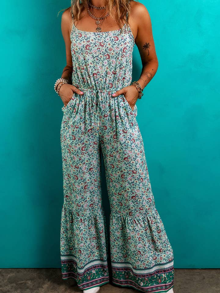 Green Bohemian Floral Ruffle Bottom Spaghetti Strap Jumpsuit for wholesale on Faire