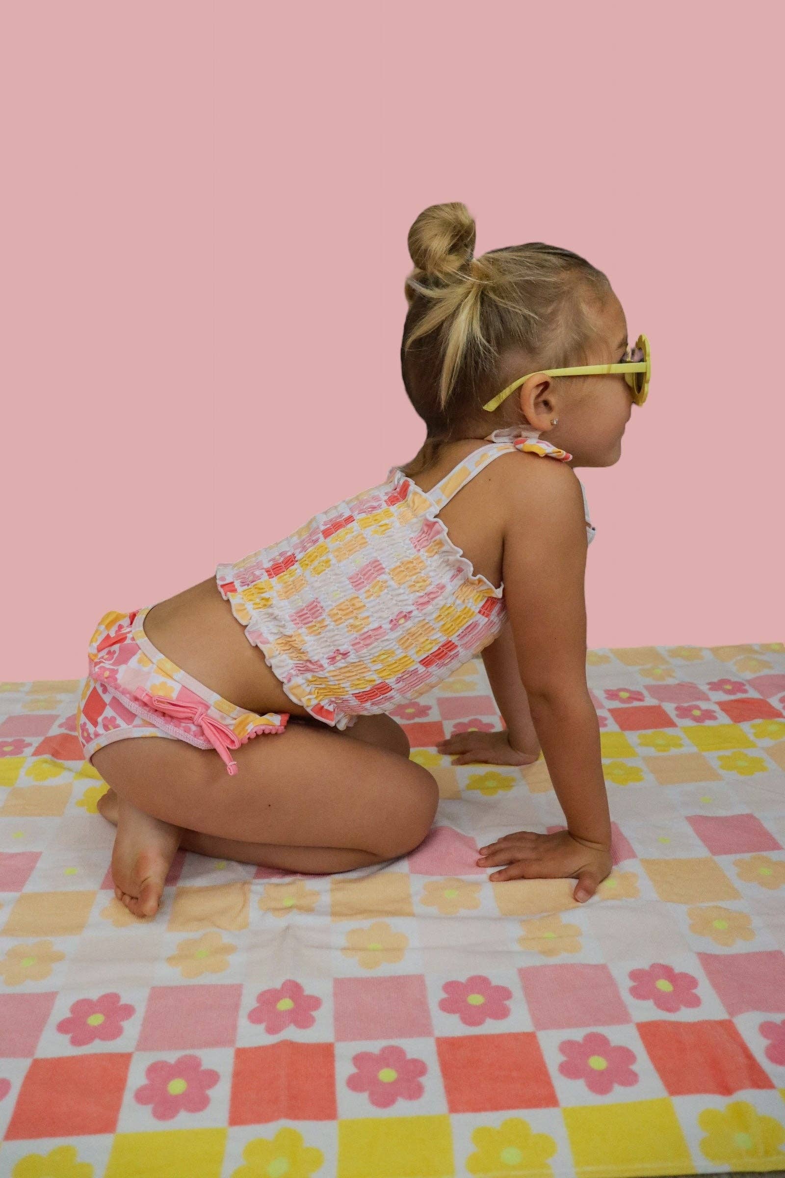 Dream Big Little Co. – wholesale Two-piece swimsuit – Kids – SUMMER SUNSET CHECKERS DREAM SMOCKED TANKINI TWO PIECE SWIM SUIT2