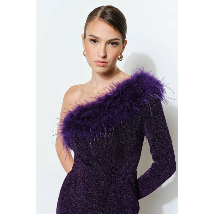 INA - Wholesale Dress - Women's - Feather-Trim One-Shoulder Glitter Mini Dress7