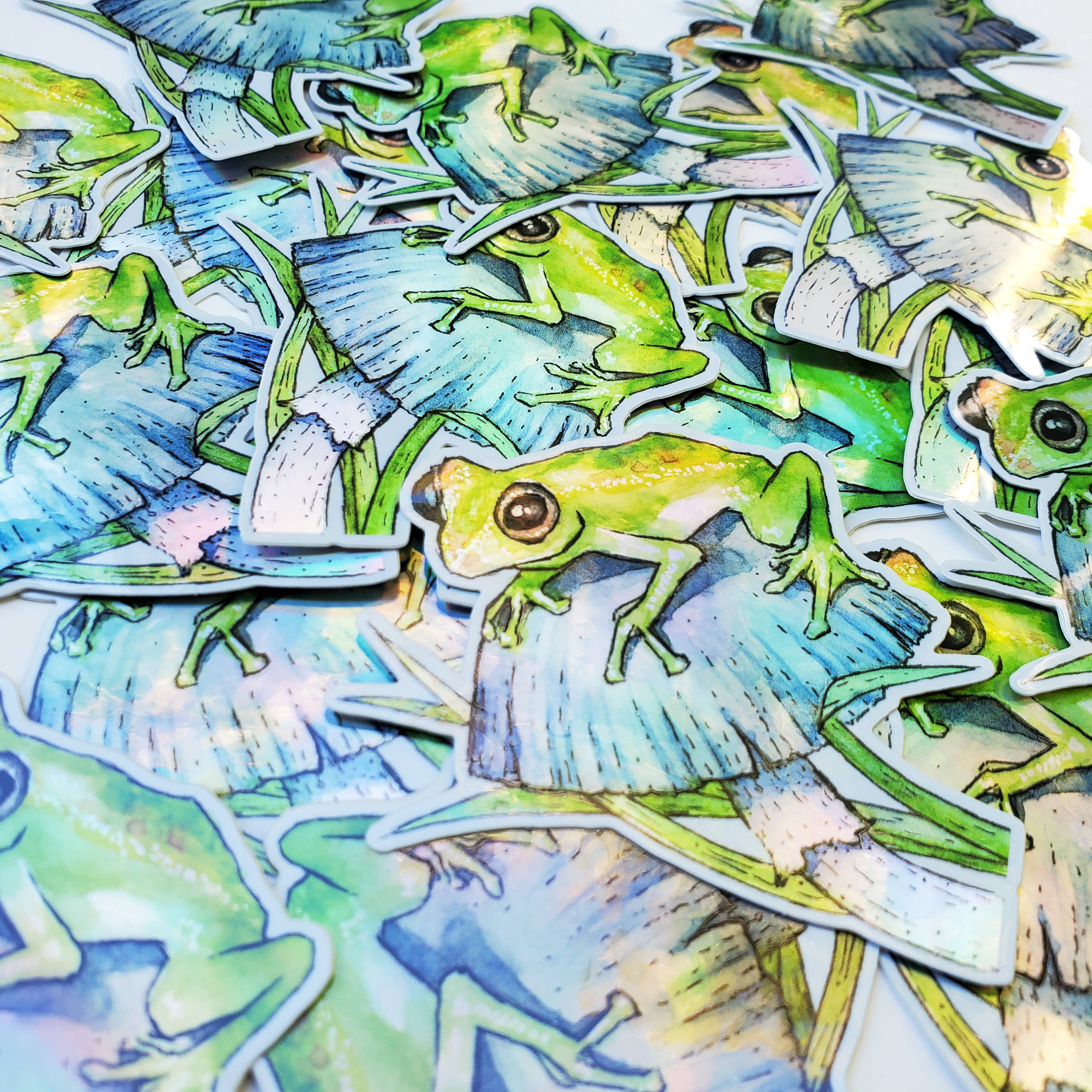 Art by Trisha Hall - Wholesale Sticker - "Hopscotch" Frog & Mushroom Holographic Sticker3