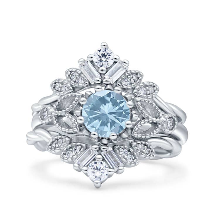 Ensemble de mariage Art Déco trois pièces avec bague en forme de rond en aigue-marine simulée CZ pour la vente par Blue Apple Imports