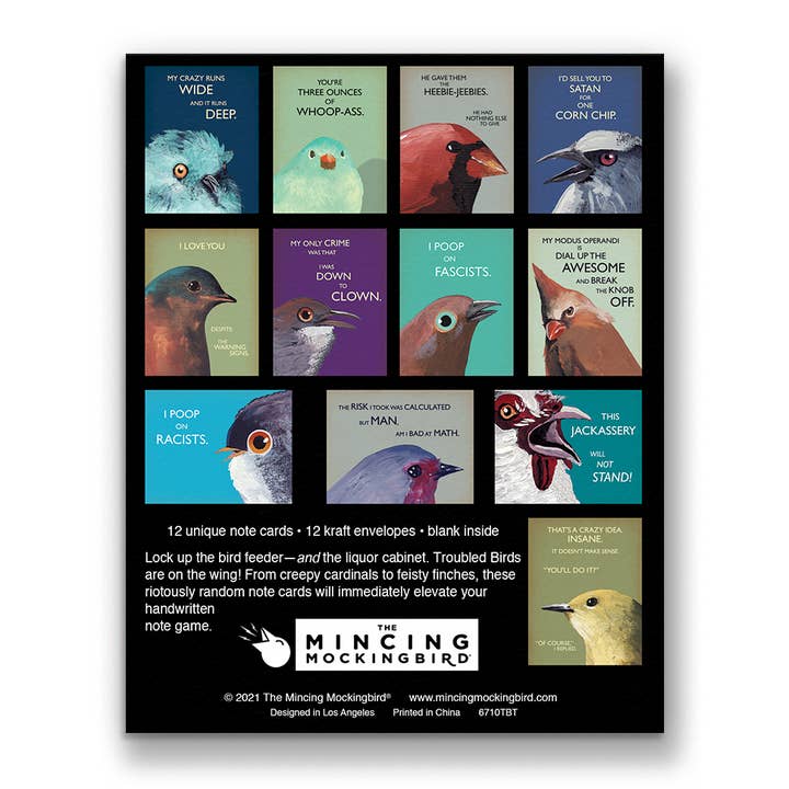 The Mincing Mockingbird - Wholesale Stationery/Notecard Set - Troubled Birds Mixed Greeting Cards - Box Set of 12