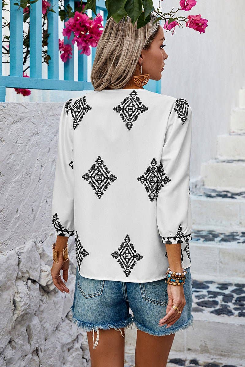 Elings - Wholesale Blouse - Women's - V Neck Printed Loose Fit Blouse9