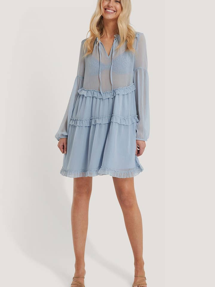 Blå Multi Frills Chiffon Kjole for engroshandel hos STYLE INSTANT