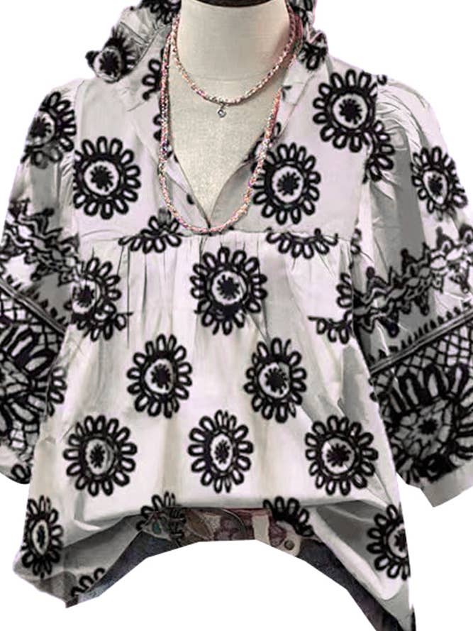 UNISHE - Venta al por mayor Blusa - Mujer - Blusa Babydoll estampada con botones y volantes CY1271