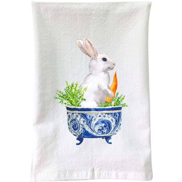 White Bunny in Blue & White Bowl Flour Sack Towel for wholesale by B McVan Designs