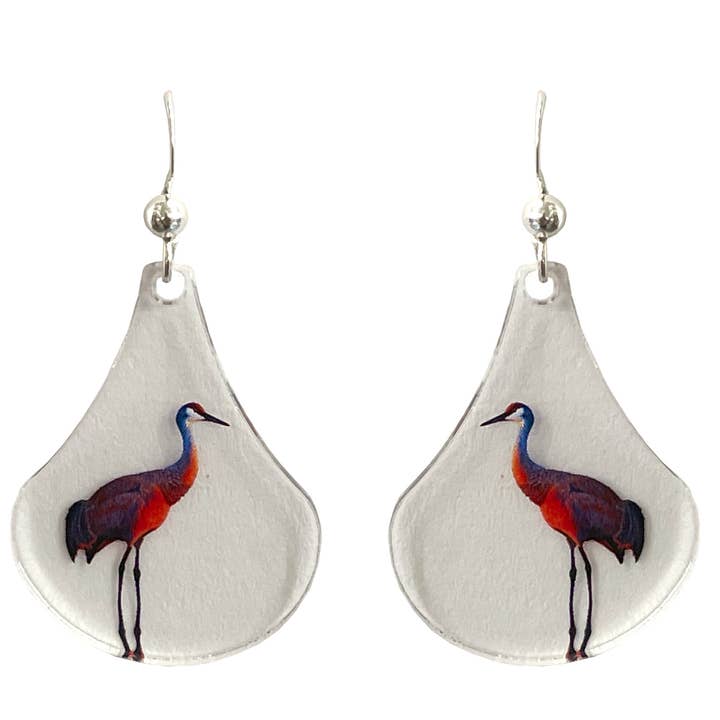 Boucles d'oreilles en acrylique Grue du Canada, crochets d'oreilles en argent sterling pour la vente par d'ears inc.
