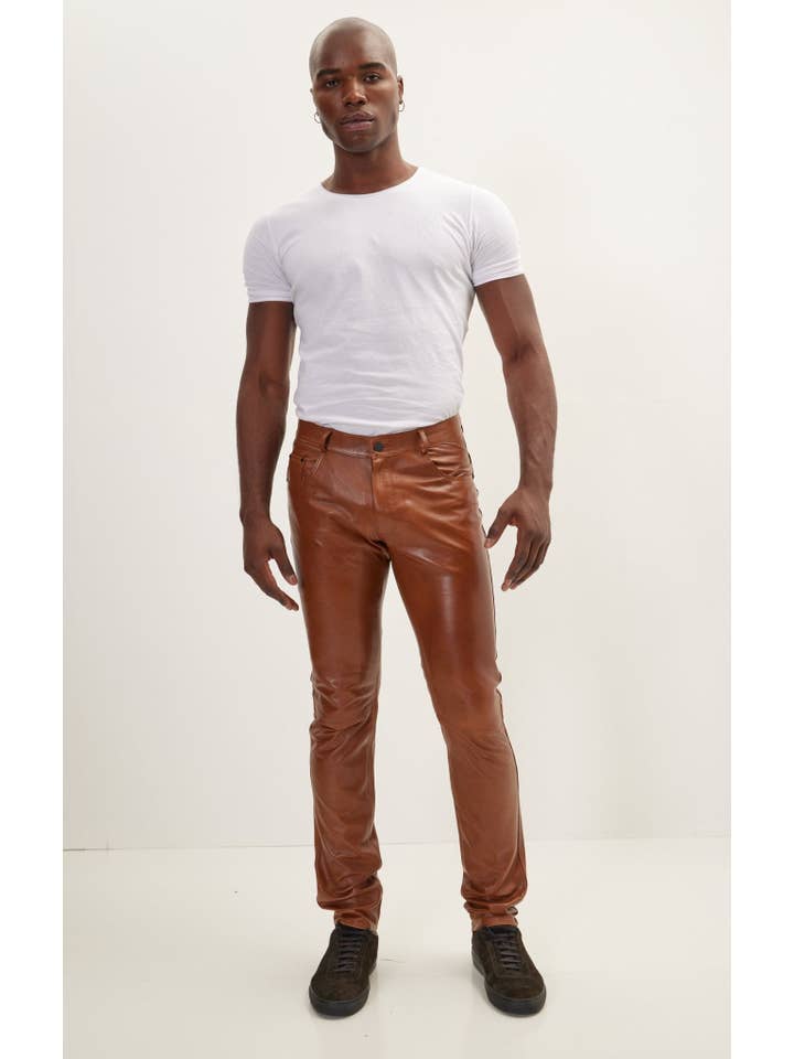 MARROM Calça de Pele de Cordeiro Genuína Masculina - Castanho para venda a revendedores na Faire5