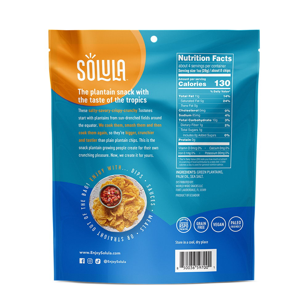 Solula - Wholesale Chips - Plantain Crisps / Chips - Tostones - Pacific Sea Salt, GF1