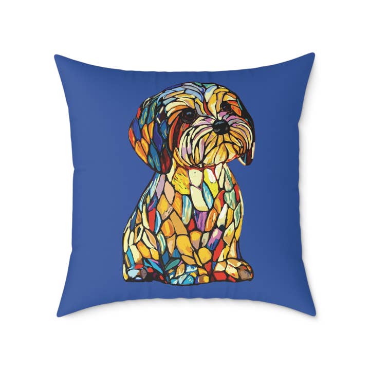 Colorful Stained Glass Dog Art Pillow, Pet Themed Home Decor for wholesale by Blue Cava