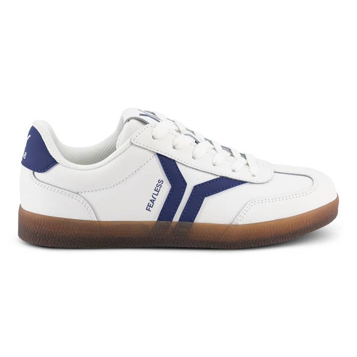 Fearless Womens Sneaker in white leather with purple wing for wholesale on Faire