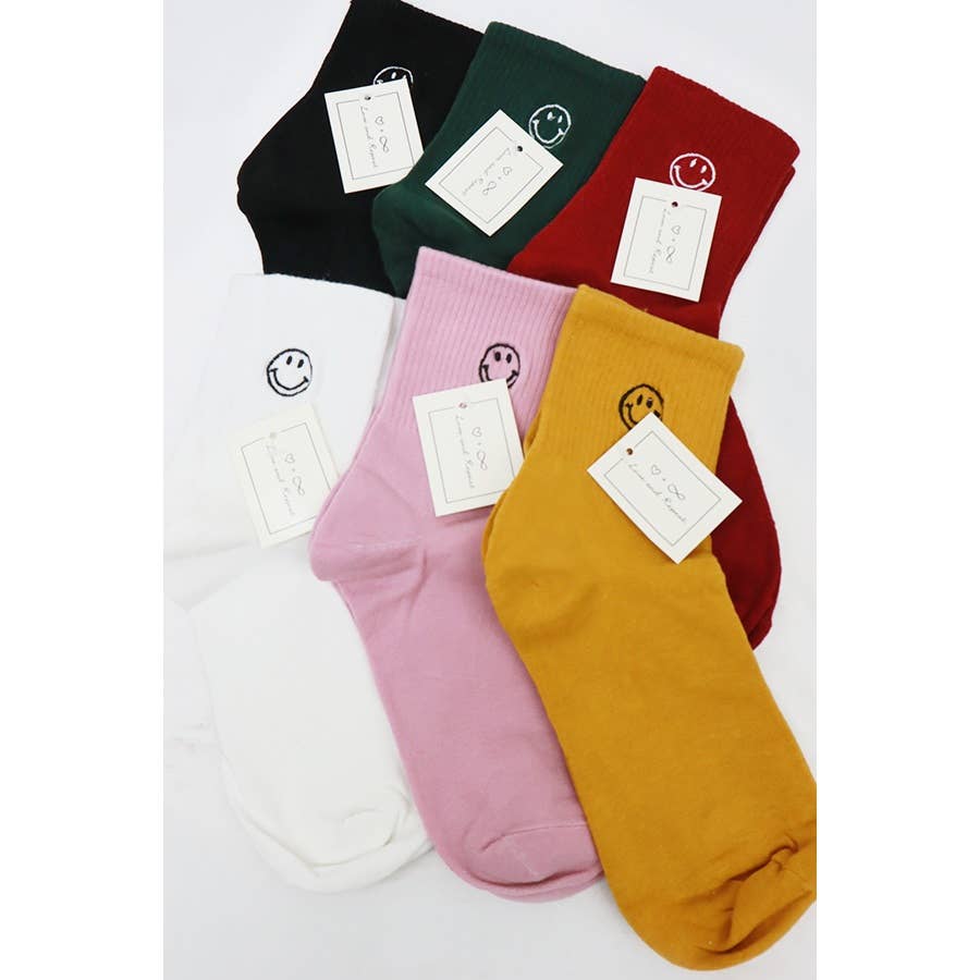 MIX COLOR Solid Smiley Embroidered All Year Long Socks for wholesale on Faire6