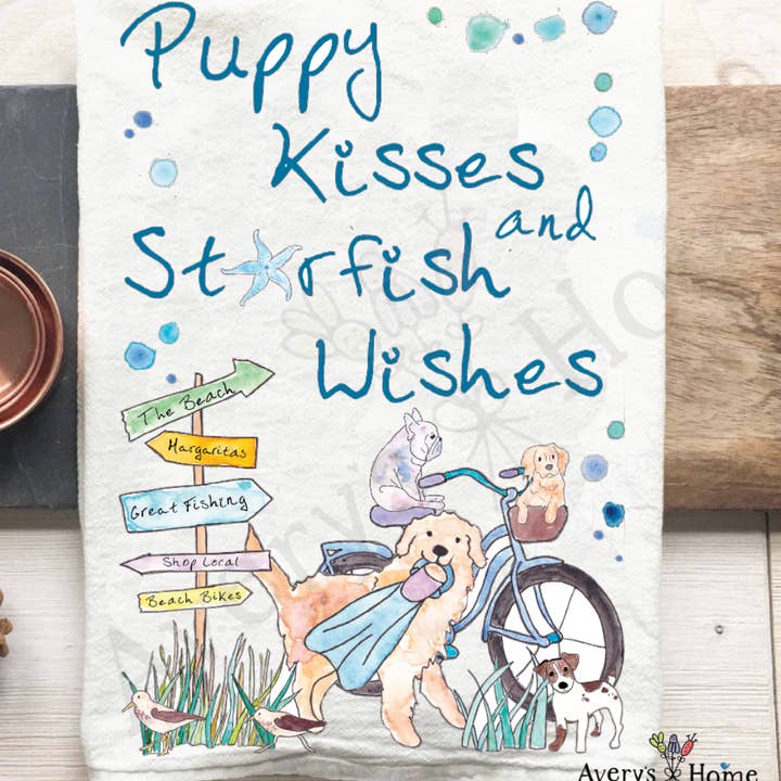 Dogs at the Beach Customizable Puppy Kisses Tea Towel for wholesale by Avery's Home