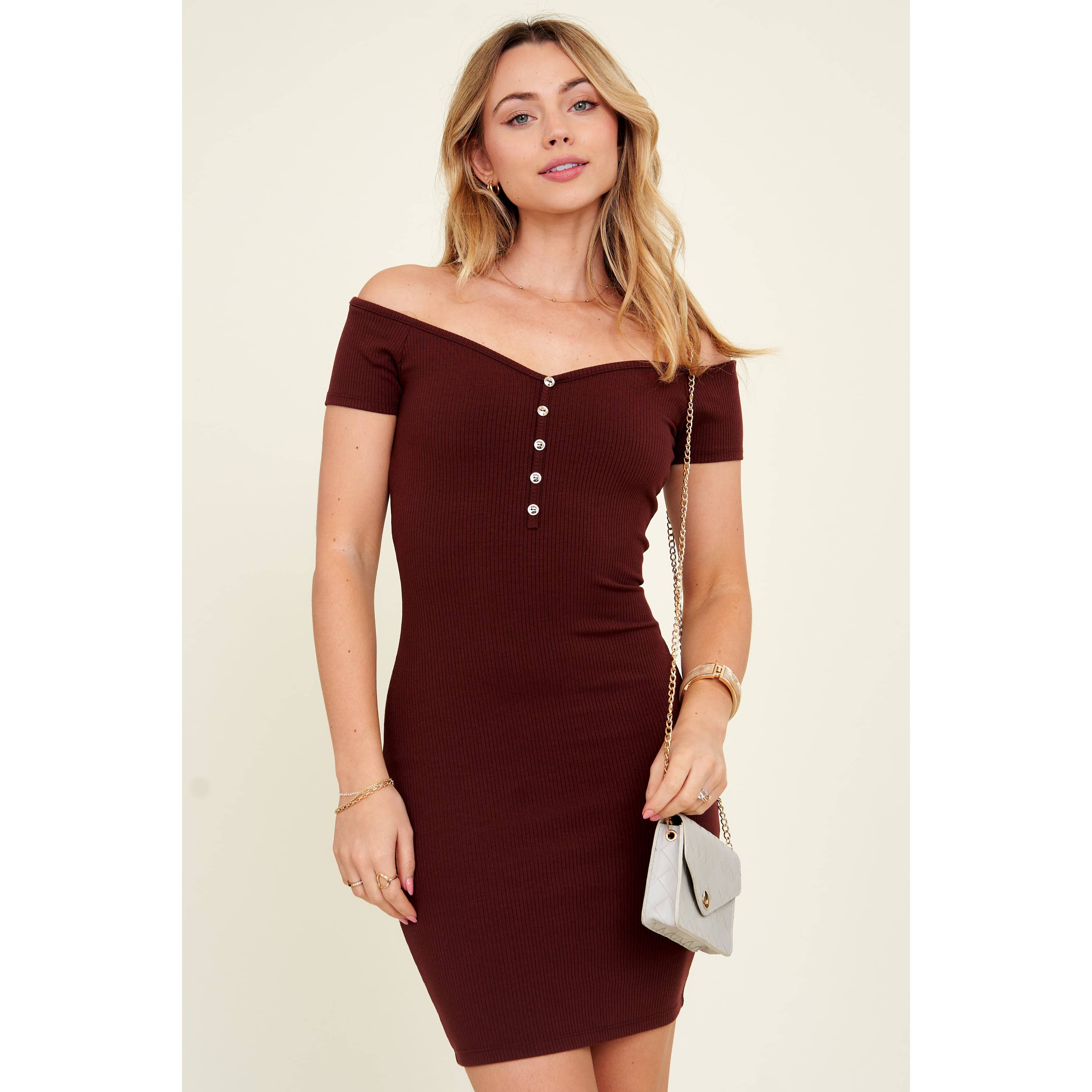 Popular 21 – wholesale Dress – Women's – Buttoned Ribbed Off Shoulder Bodycon Mini Dress 10