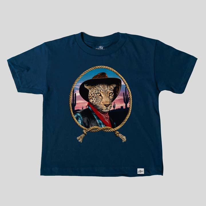 Kids Leopard Cowboy Western T-Shirt Navy Blue Graphic Tee for wholesale by Kid Dangerous