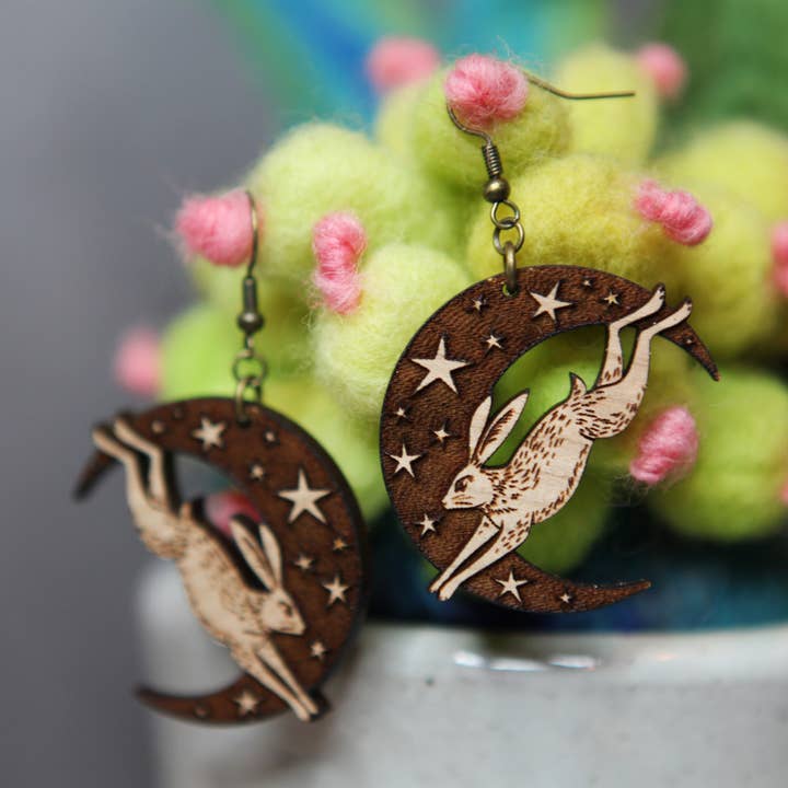 Rabbit Crescent Moon & Stars Maple Wood Earrings for wholesale by Sunrise Grove