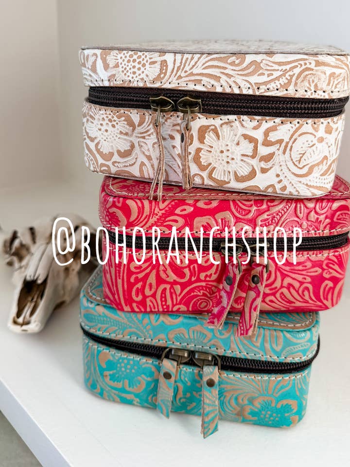 Western Hand Tooled Leather Jewelry Box - travel storage for wholesale by Boho Ranch Shop