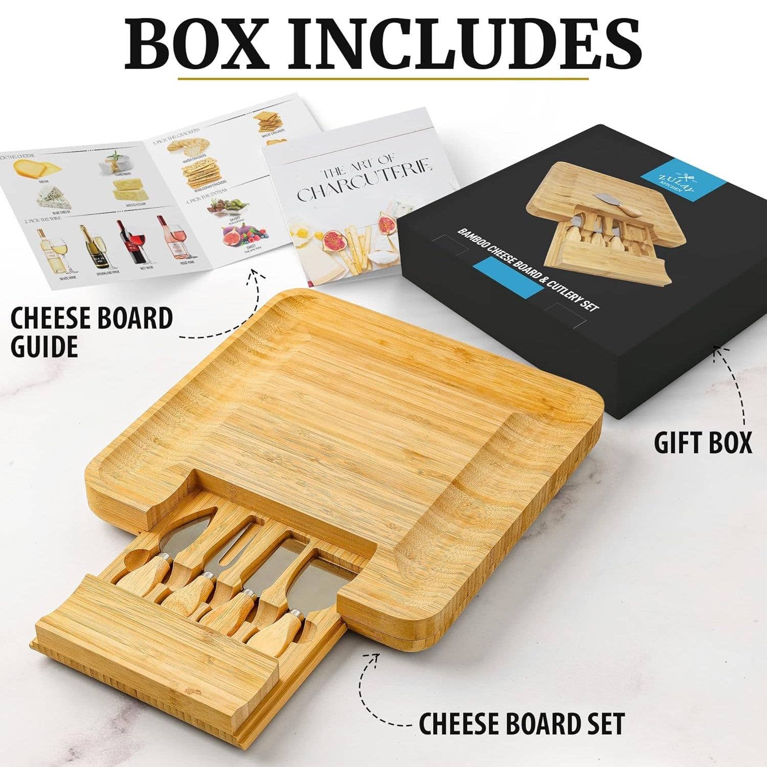 Zulay Kitchen – wholesale Cheese board – Bamboo Cheese Board with Cutlery & Drawer 9