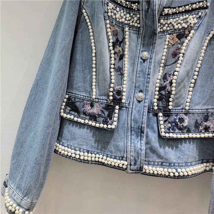 Sapphire Blue 1M306 Handmade Beaded Sequin Denim Jacket for Women 2025 for wholesale on Faire4