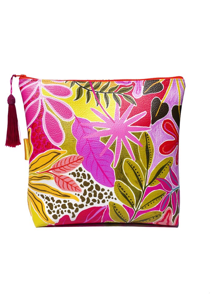 Orange tropicals vegan leather cosmetic bag for wholesale by Lousurfacepattern