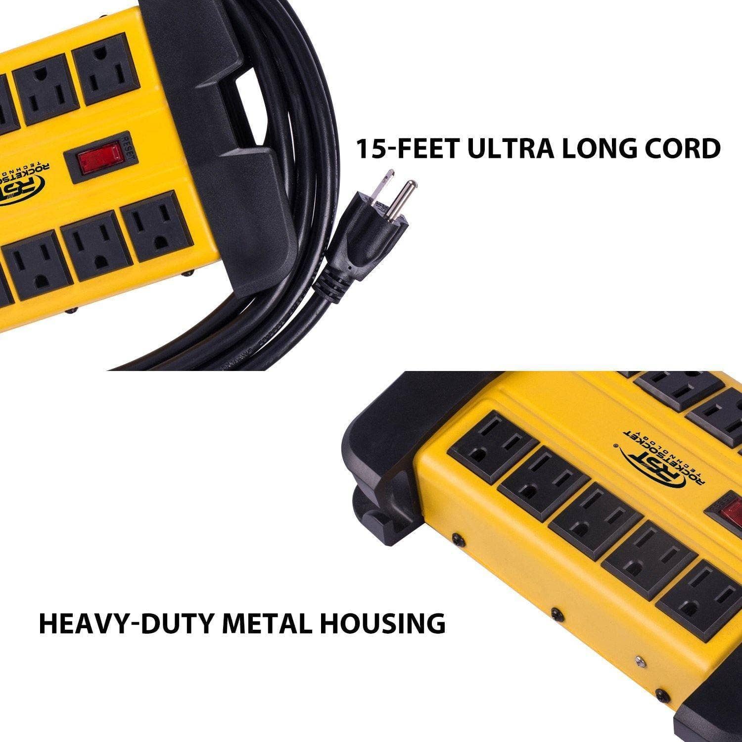 Rocket Socket Technology - Wholesale Power Adapter - CRST 10-Outlet Metal Surge Protector Power Strip, 2800 Joules Protection, 15FT/6FT Heavy Duty Power Cord with Management Wrap, Wall Mountable Design8