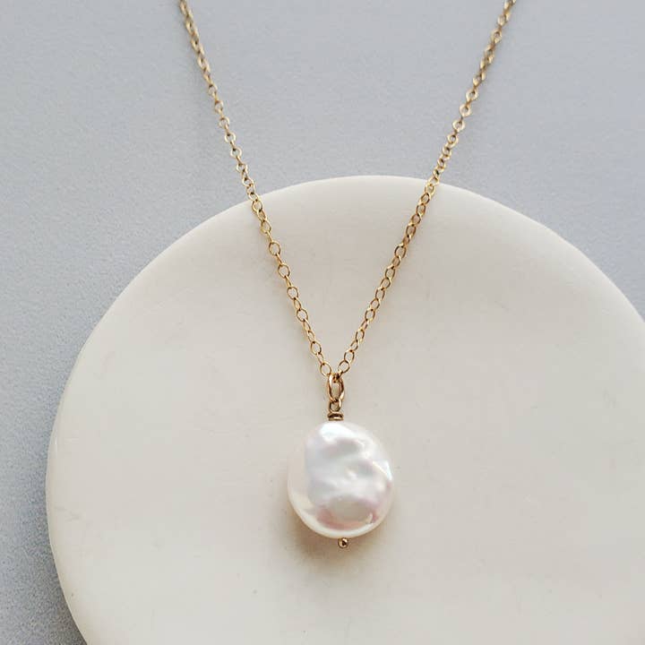 Coin Pearl Pendant, Sterling Silver or Gold Fill for wholesale by Carrie Whelan Designs