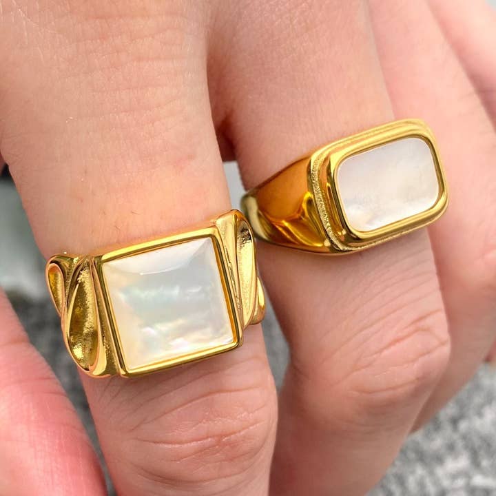 Inlaid Shell Square 18K Gold Plated Stainless Steel Ring-FGS for wholesale by Mio Queena