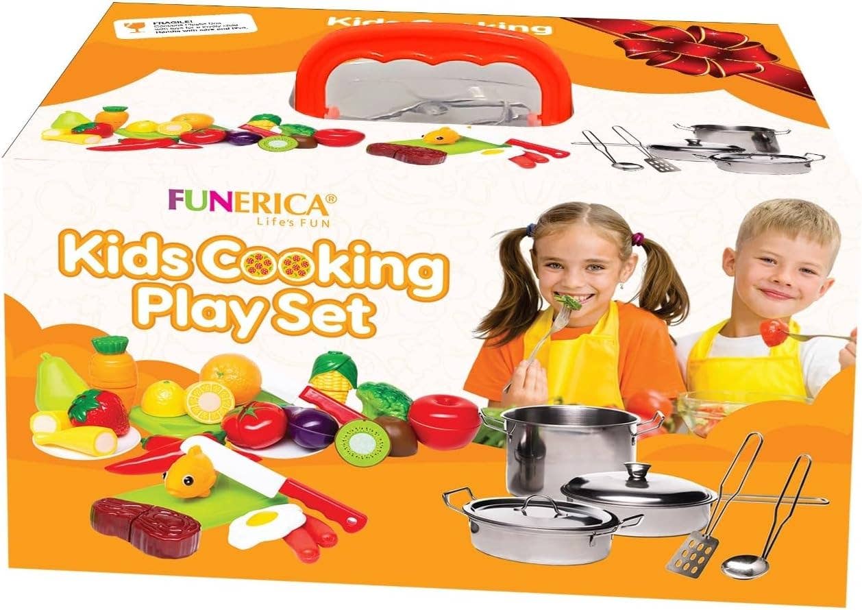 FUNERICA - Wholesale Toy Set - Kids - FUNERICA Play Food Set and Cookware Set with Realistic Stainless-Steel Pots and Pans and Utensils - Cutting Fake Food and Pretend Toy Kitchen Accessories Playset for Toddlers and Kids6