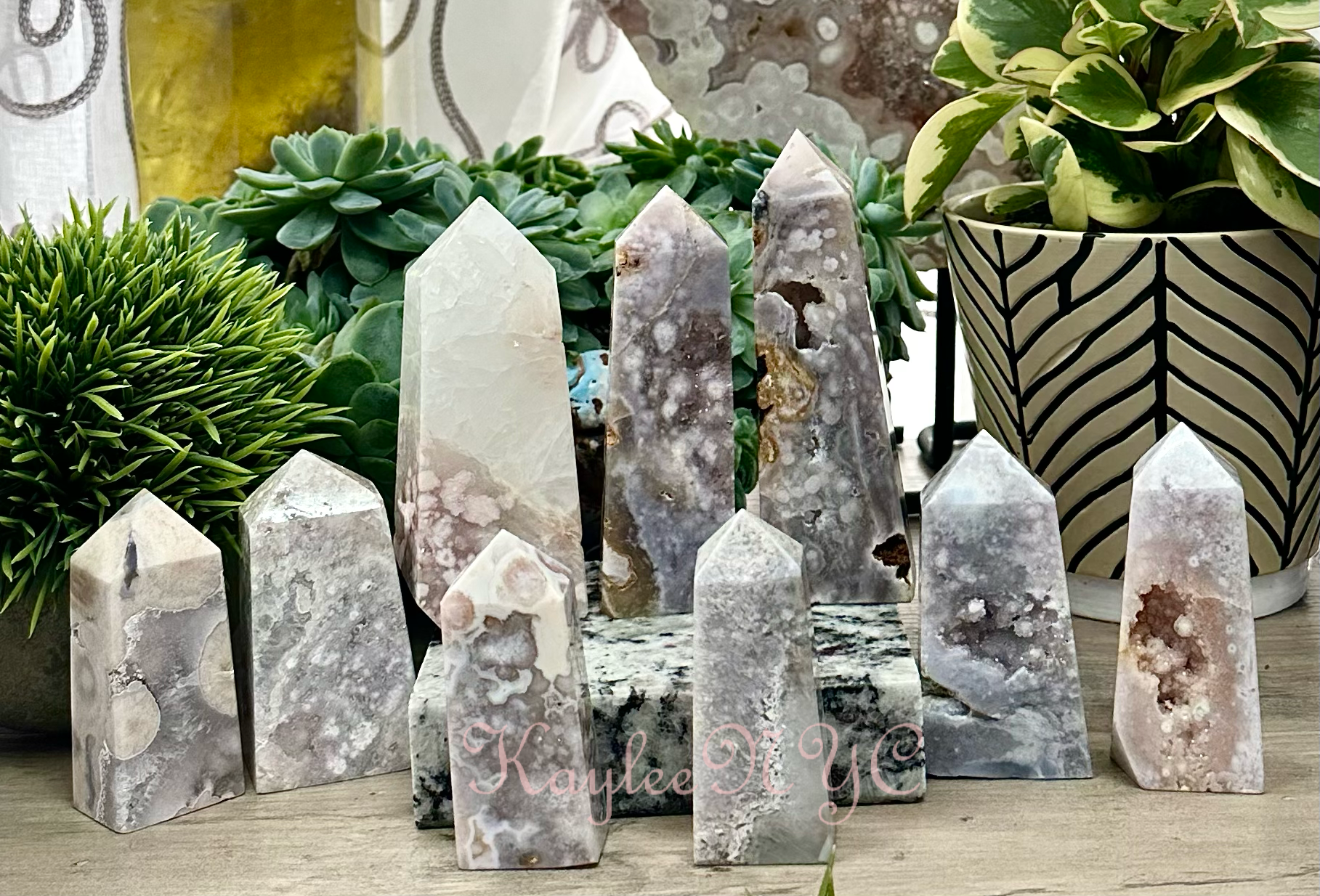 KayleeNYC – wholesale Spiritual stone/crystal – 3 Lbs Natural Pink Amethyst with Flower Agate Obelisk Tower4